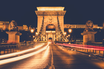 Chain Bridge and car traffic light at night, Budapest, Hungary