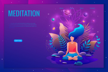 Woman sitting in lotus position practicing meditation. Yoga girl vector illustration. Landing page template.