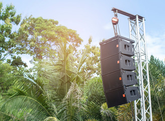 Outdoor work with hanging speakers with audio system sets.