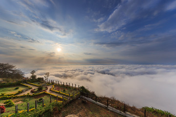 Beautiful sunrise from Nandi Hills with ocean of snow, Nandi Hills, Bengaluru or Bangalore.