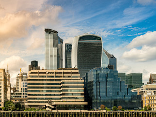 Fototapeta na wymiar London skyline at sunset with a dramatic sky in the business district overlooking the Thames river