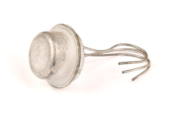 Electronic transistor isolated on white background.
