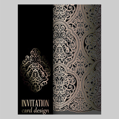 Wedding invitation card with gray and gold gold shiny eastern and baroque rich foliage. Ornate islamic background for your design. Islam, Arabic, Indian, Dubai.
