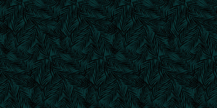  Seamless hand drawn exotic vector pattern with black palm leaves over dark turquoise background - Vector