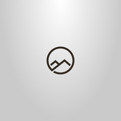 black and white simple single line vector line art sign of two mountains in a round frame