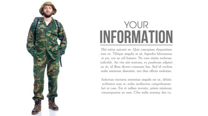 Man in camouflage clothes with backpack hiking standing looking on white background isolation