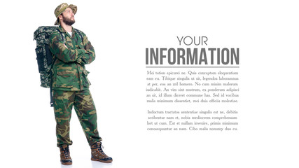 Man in camouflage clothes with backpack hiking standing looking on white background isolation