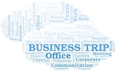 Business Trip word cloud. Collage made with text only.