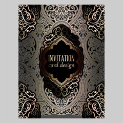 Wedding invitation card with gray and gold gold shiny eastern and baroque rich foliage. Ornate islamic background for your design. Islam, Arabic, Indian, Dubai.
