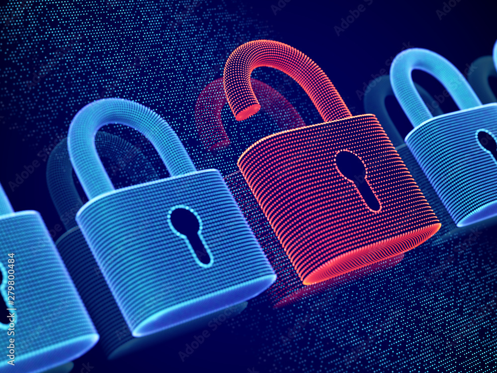 Poster data security and privacy concept: opened padlock on digital screen background. visualization of per