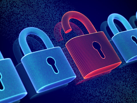 Data security and privacy concept: opened padlock on digital screen background. Visualization of personal or business information safety. Cybercrime or network hacker attack. EPS10 vector illustration