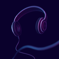 3D headphones on dark background. Abstract visualization of digital sound and virtual reality. Concept of electronic music listening. Digital audio technology equipment. EPS 10 vector illustration.