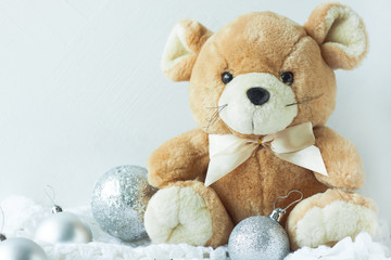 New year 2020 card, Christmas concept, cute soft rat with silver decorations.