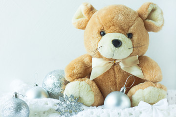 New year 2020 card, Christmas concept, cute soft rat with silver decorations.