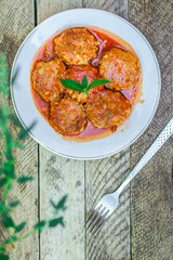 meatballs, tasty meat dish (ground meat). top food background. copy space