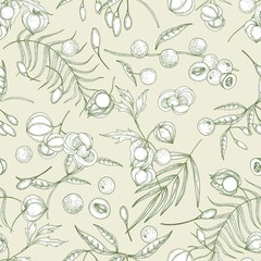 Natural seamless pattern with goji, acai, guarana, physalis fruits and berries hand drawn with contour lines on light background. Backdrop with superfoods. Botanical realistic vector illustration.
