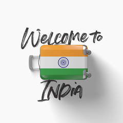 Welcome to India. national flag on a travel suitcase. 3D Render
