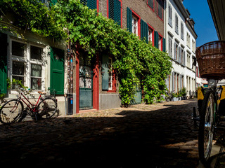 Calm narrow street, sunny summer day, cozy old downtown, Basel