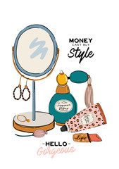 Skincare routine set with natural organic cosmetics products in bottles, jars, tubes for skin in trendy doodle style. Cute motivational and inspirational girl power lettering. Vector illustration