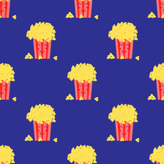 Popcorn seamless pattern. Popcorn in carton style with a face and a smile in a striped package. Snack for cinema