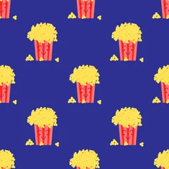 Fototapeten Popcorn seamless pattern. Popcorn in carton style with a face and a smile in a striped package. Snack for cinema © Тереса Пономарева