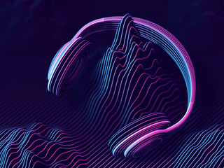 3D headphones with sound waves on dark background. Abstract visualization of digital sound and cyber space. Concept of electronic music listening. Digital audio equipment. EPS 10 vector illustration. - obrazy, fototapety, plakaty