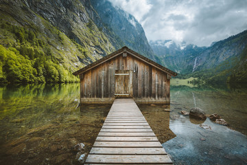 Old boat house at Lake Obersee in summer, Bavaria, Germany
