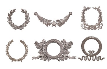 Set of silver decorative wreaths isolated on white background