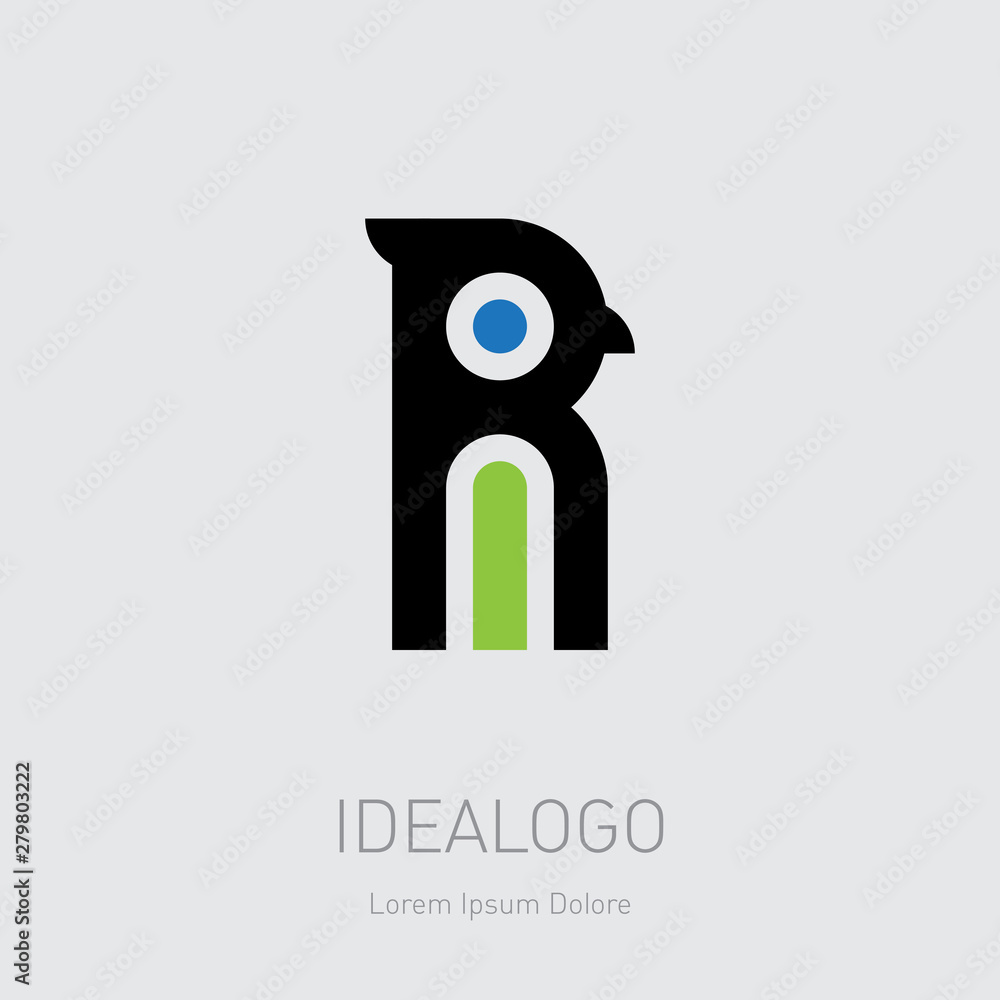 Poster bird with beak and crest. r and i initial logo. ri initial monogram logotype. ir - vector design ele