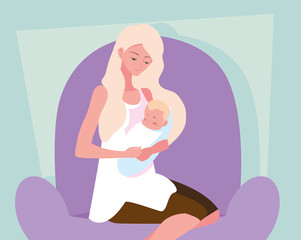 cute mother carrying little son avatar character