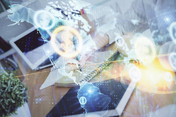 Financial graph displayed on woman's hand taking notes background. Concept of research. Double exposure