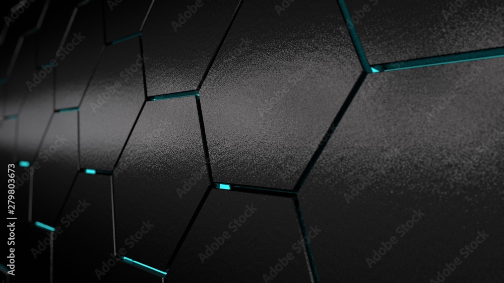 Poster 3d illustration of a plurality of hexagons with the blue glow of a different size. dark abstract bac