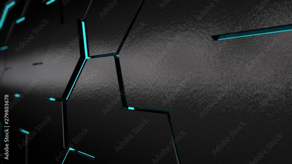 Poster 3d illustration of a plurality of hexagons with the blue glow of a different size. dark abstract bac