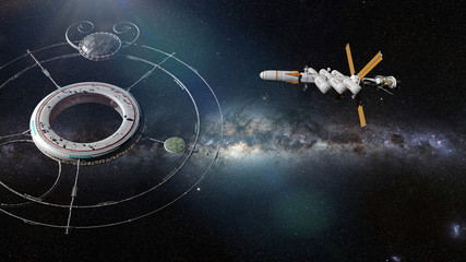 space station approached by a spaceship (3d science fiction illustration) © dottedyeti
