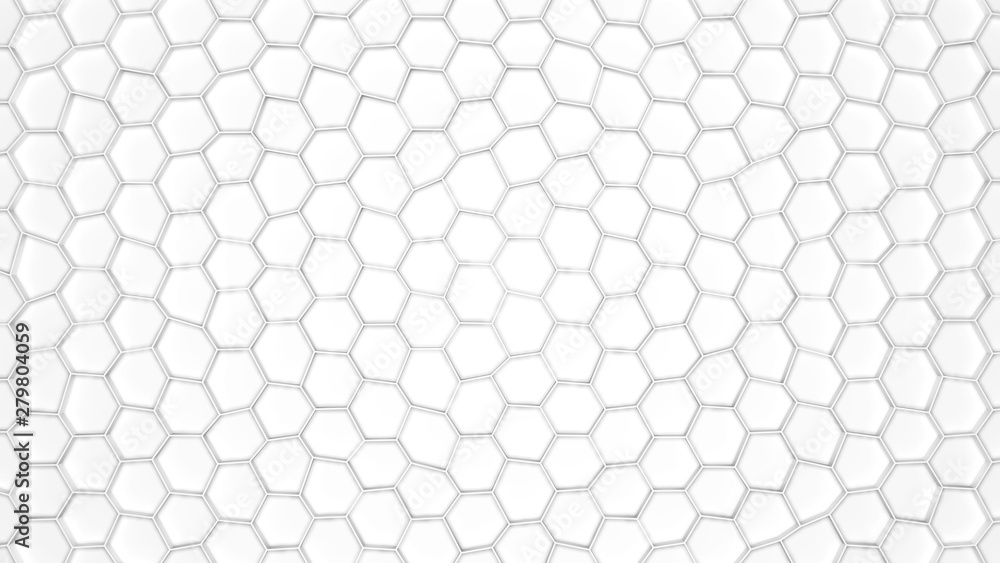 Poster 3d rendering of many broken hexagons, irregular in shape, casting a shadow on a white surface. futur