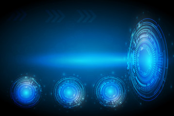 Vector Abstract Circular technology background with eyeball, circuit board, speed motion blur of light rays, arrow, stripe line on dark blue background. Hi-tech, science, futuristic, energy technology