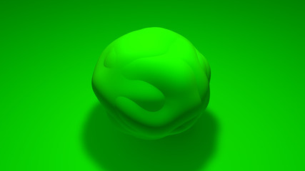 3D sphere of irregular shape with a curved surface. The object is green on a green background. 3D rendering of abstract object, image for desktop, background screensaver of pleasant color.