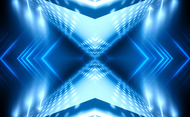 Dark abstract futuristic background. Neon lines, glow. Neon lines, shapes. Blue glow