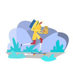 Courier character on skate. Delivery service, cargo industry. postal worker in uniform with parcels.