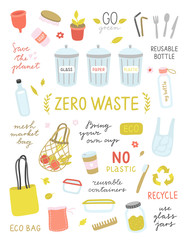 Ecological concept with zero waste illustrations. Vector symbols for green life. Recycle concept and lifestyle icons