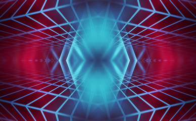 Dark abstract futuristic background. Neon lines, glow. Neon lines, shapes. Pink and blue glow