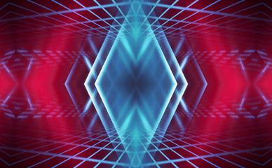 Dark abstract futuristic background. Neon lines, glow. Neon lines, shapes. Pink and blue glow