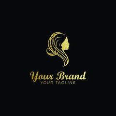 silhouette of woman and hair logo template in gold color