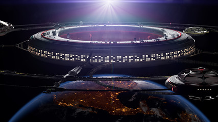 space station in orbit of planet Earth, night over North America © dottedyeti