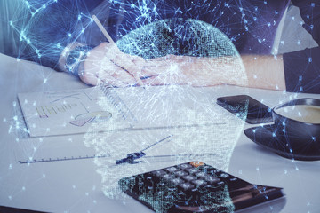 Haman brain multi exposure icon with man hands background.