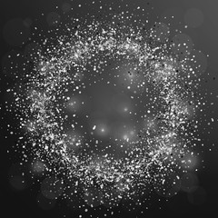 Silver particles in circle form on dark background. Lights Shine effect for your design. Falling particles for greeting card, invitation. Silver frame.