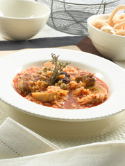  Fish rice with vegetables gourmet recipe. Aerial view. Arroz de pescado con verduras receta gourmet. Vista cenital.