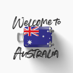 Welcome to Australia. national flag on a travel suitcase. 3D Render