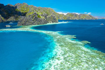 Aerial view of beautiful lagoons and limestone cliffs of Coron, Palawan, Philippines