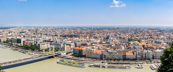 Budapeszt - panoram miasta widziana ze wzgórza cytadeli.  Krajobraz miasta z rzeką Dunaj. - obrazy, fototapety, plakaty